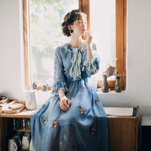 Mori Girl Vintage Bohemian Embroidered Lace Patchwork Floral Chiffon Flare Sleeve Blue Women Boho Long Maxi Dress Beach Dress