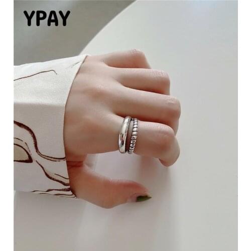 YPAY 100% Genuine 925 Sterling Silver Open Rings for Women Korea INS Double Layers Twisted Wire Adjustable Ring Jewelry YMR1072