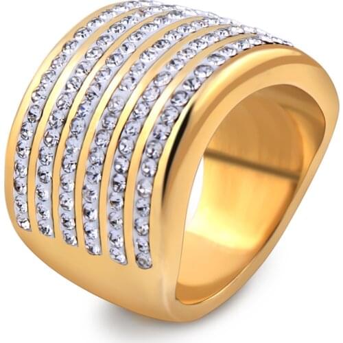 Gold Color Stainless steel Jewelry women 5 Row Crystal Rings