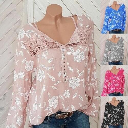 Fall Plus Size Ladies Tops Fashion V-neck Long Sleeve Printed Flowers Chiffon Shirt Lace Stitching Black Pink Red Blouse S-5XL