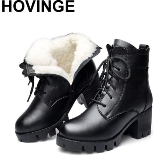 HOVINGE 2019 Fashion Genuine Leather Ankle Boots Women Winter Wool Warm Boots Thick High Heels Snow Boot Female Shoes