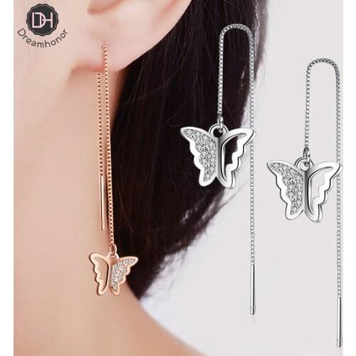 Dreamhonor Korean Temperament Ear Line Earrings Fashion Female 925 Sterling Silver Zirconia Butterfly Earrings Jewelry
