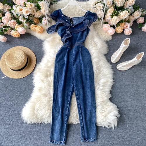 2021 new women jumpsuit casual vintage back zipper romper denim overalls dark blue off shoulder ruffles rompers