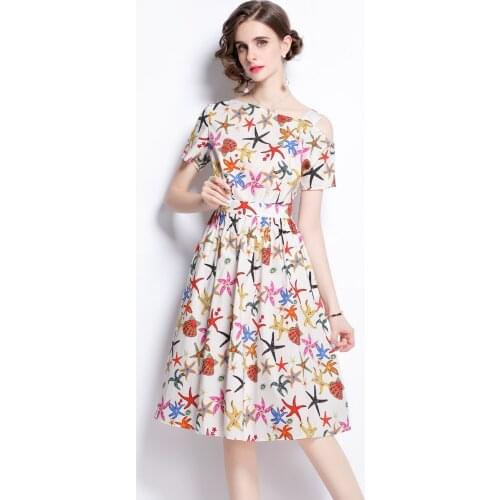 New Runway Fashion One Shoulder Print Midi Summer Dresses For Women Short Sleeve High Waist Casual Aline Holiday Female Vestidos