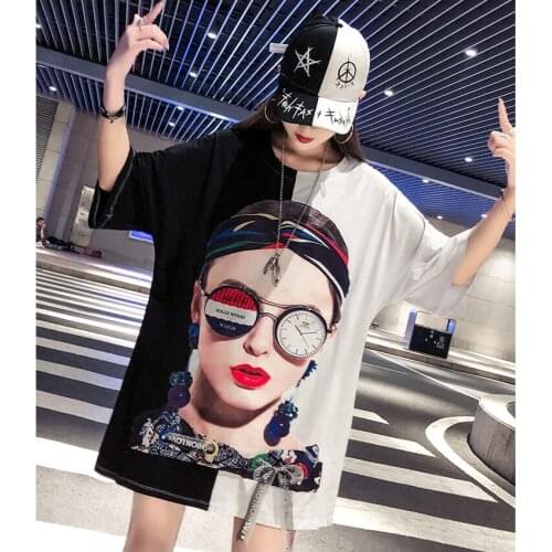 New Fashion Funny Printed T Shirt Dress For Women Loose Patchwork Oversize Long T Shirts Dress Streetwear
