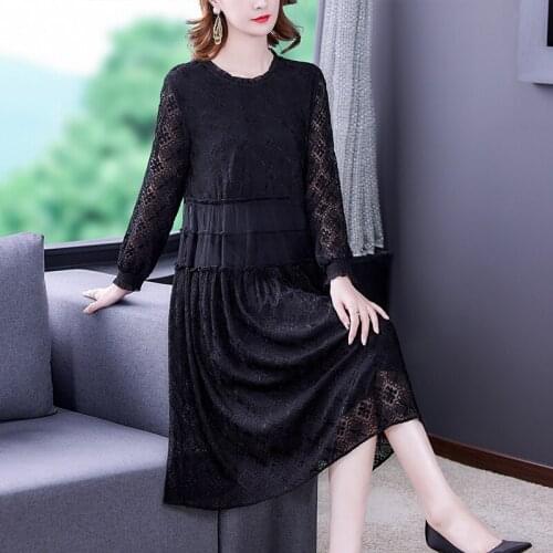 2021 Black Mulberry Silk Vintage Lace Hollow Out Sexy Dress Spring Autumn Korean Hepburn Casual Midi Dress Women Slim Vestidos