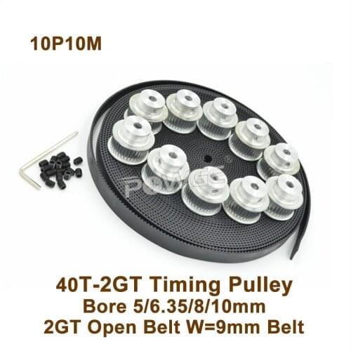 10pcs 40Teeth 2GT Timing Pulley Bore 5/6.35/8/10mm + 10M GT2 Timing Belt W=9mm For 3D Printer 40T 40Teeth GT2 Timing Belt Pulley