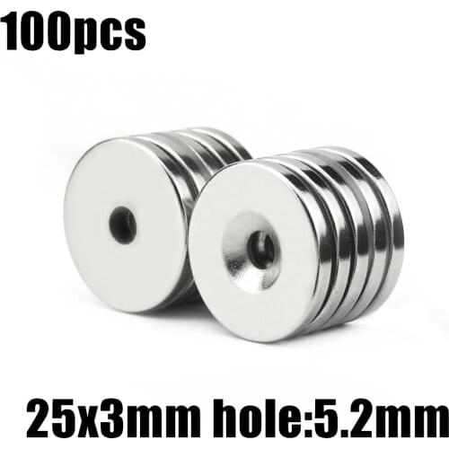 100pcs 25 x 3 mm Hole: 5.2mm super Strong Round Neodymium Countersunk Ring Magnets Rare Earth N50 Free Shipping