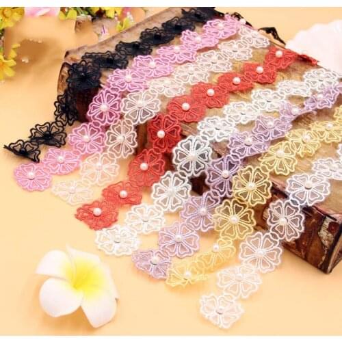 15Yards Pearl Flowers Embroidered Lace Trim 3cm Width Floral Patches Applique Fabric DIY Sewing Supplies Craft Free Shipping