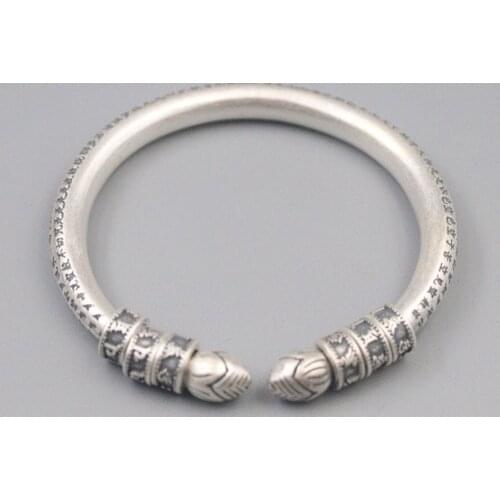 Pure 925 Sterling Silver Bangle 7.5mm Wide Lucky Mantra Round Open Bracelet Men Women Best Gift 42-43g