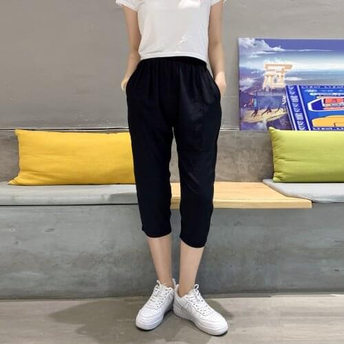 Spring and Summer Cropped Print Elastic Waist Casual Pants TROUSERS Women Baggy Pants Black Pants Cargo Femme Harem Pants LADY