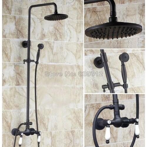 Black Oil Rubbed Bronze 8 inch Bathroom Rain Shower Faucet Set with Hand Spray & Wall Mounted Ceramic Handles Mixer Taps Wrs473