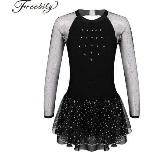 Kids Girls Ballet Dress Sparkly Rhinestone See-through Mesh Long Sleeve Figure Ice Skating Dress Dance Gymnastics Leotard Dress