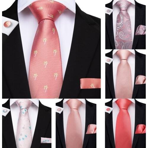 DiBanGu Fashion Peach Pink Men Gifts Tie Clip Hanky Cufflinks Coral Tie 100% Silk Necktie Gravat Business Wedding Party Tie Set