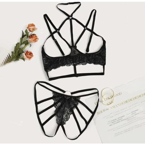 Exotic Underwear Set Women Hollow out Lingerie Set Perspective Lace Halter Bralette Open Bra+Open Crotch Panties Sexy Lingerie