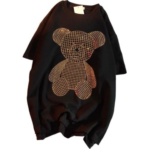 Limiguyue Diamond Beading Bear T Shirt Women Oversize Short Sleeve Tshirt Harajuku HIp Hop Tees Cotton Crystal Korean Tops K2060