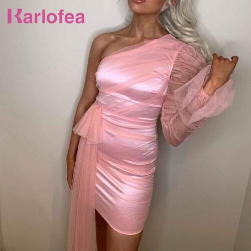Karlofea Women Organza Mesh Ruched Dress Ladies Lovely Elegant Outwear Sexy One Shoulder Puff Sleeve Gorgeous Party Mini Dress