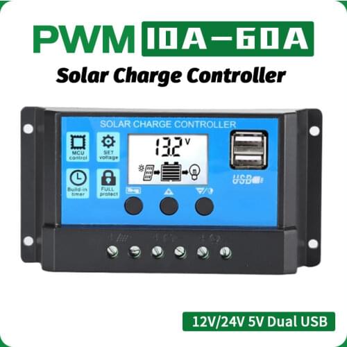 Auto PWM Controllers Solar Charge Controller 60A/50A/40A/30A/20A/10A 12V 24V LCD Display 5V Dual USB Output Controller