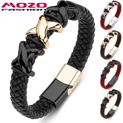 MOZO FASHION Men Bracelet Braided Genuine Leather Stainless Steel Trendy Bracelets Punk Cross Bangle Collocation Jewelry 174