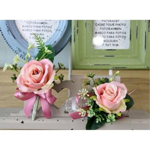 New 3Set(6Pcs)Free shipping bride groom bridesmaids pink rose corsage flowers and wrist flower wedding party photography props