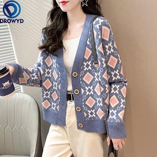 2021 Autumn New Style Korean Loose V-neck Knitted Cardigan Women Sweater Coat All-match Lazy Fashion Top Single-breasted Jacket