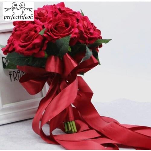 Perfectlifeoh Wedding Bouquet Decoration Foamflowers Rose Bridal Bouquet White Satin Romantic wedding flowers bridal bouquets