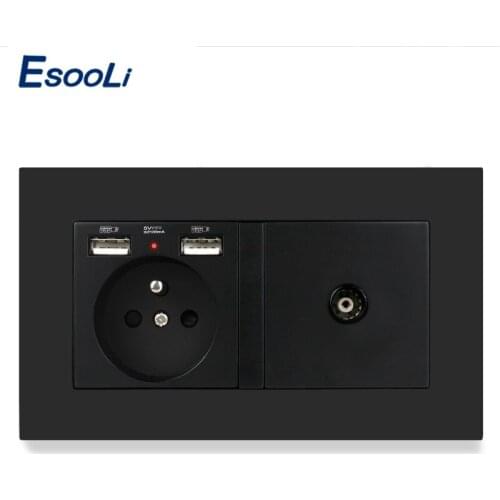 ESOOLI PC Plastic Panel Enchufe Pared USB Wall Power 16A French Standard Electrical With Female TV Jack