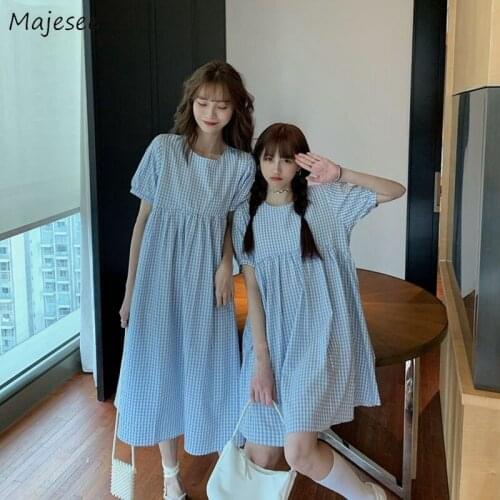 Short Sleeve Dress Women O-neck Blue Plaid Korean Sweet Style Students Retro Lovely Streetwear Sister Fashion Leisure Slim Chic