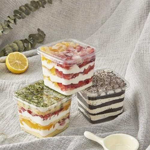 50pcs 420ml transparent PET square dessert fruit cake plastic cups large pudding jelly ice cream takeout packaging cups with lid