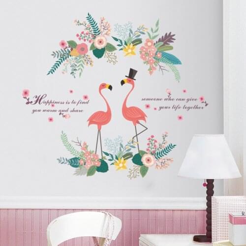 Romantic Flamingo Wall Stickers Material DIY Plant Leaves flower Wall Decals for Kids Room Living Room art Decoration decals
