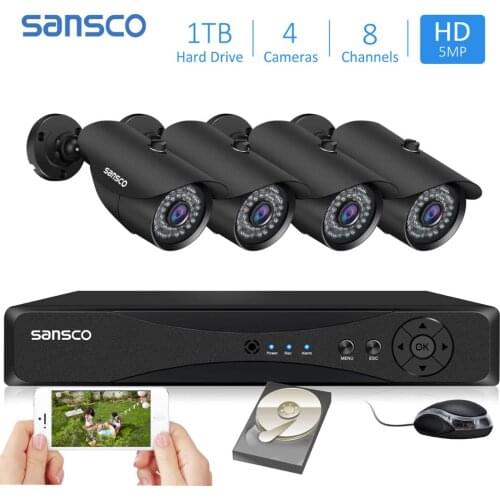 SANSCO CCTV Surveillance Security Camera System 8 Channel HDMI 5in1 DVR with 4x 5MP Indoor Outdoor Weatherproof Bullet Cameras