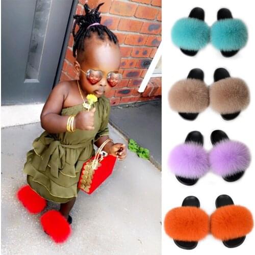 2021 Summer Childrens Real Fox Fur Slides Kids Fluffy Fur Slippers Girls Cute Plush Sandals Baby Home Shoes Baby Toddler Shoes