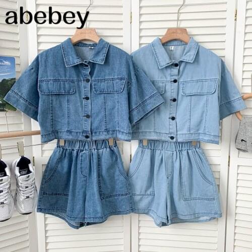 Vintage turn-down collar short sleeve single breasted Top + high waist casual Wide Leg Denim Shorts 2-piece set 2021 New Summer