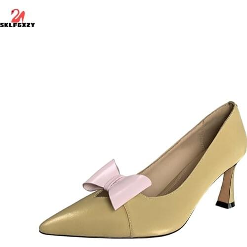 SKLFGXZY 2021 Pointed Toe Soft Genuine Leather Women Pumps Shoes Spring Summer Basic Female Fashion Comfortable Med Heels