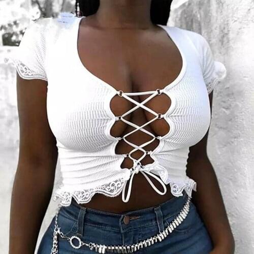White Hollow Out Bandage Summer Tops T-shirts Women Patchwork Lace Short Sleeve Sexy Crop Top Chic Clubwear Open T Shirt 2021