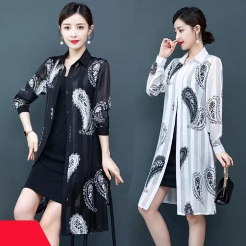 2021 Sun Protection Clothing Women Long-Sleeved Thin Jacket Summer Mid-Length Shawl Cardigan High End Chiffon Print Top Female