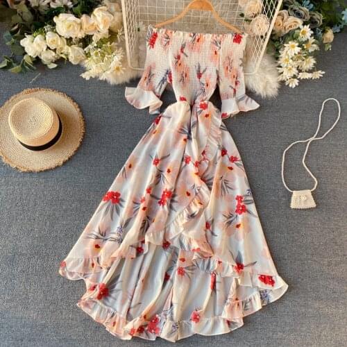 2020 new Women Summer half Dress Korean Pleated Strapless Boho Beach print Dress Long Elegant Womens Chiffon Dresses