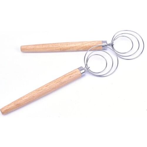 1PC Stainless Steel Coil Egg Beater Wooden Handle Agitator Dough Whisk Gadget NEW