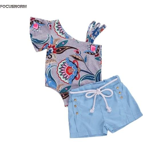2020 Newly Summer Girls Clothes Sets 2pcs One Shoulder Flowers Print Romper Tops Blue Solid Shorts 0-5Y