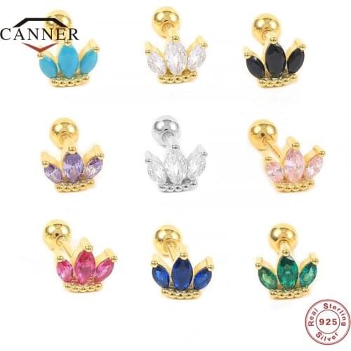 CANNER 925 Sterling Silver Fashion Small Crown Diamond Threaded Ear Piercing Stud Earrings for Women Ear Bone Earring Jewelry