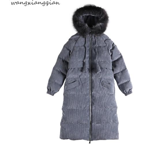 Cotton Mid-length clothing large size women gray looseOver the knee Fur collar zipper cotton coat solid color womens coat A539