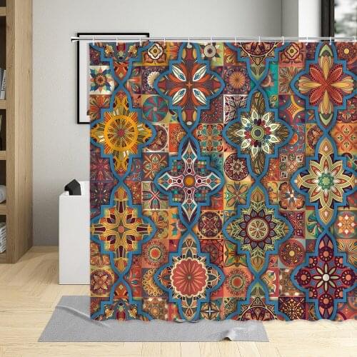 Indian Bohemian Shower Curtains Retro Ethnic Geometric Pattern Bathroom Decor Polyester Cloth Hanging Curtain Sets With Hooks
