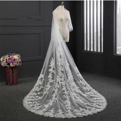 Lace Applique 3M Long Cathedral Bride Veil Two Tiers White Ivory Fashion Wedding Veils Accessories With Comb