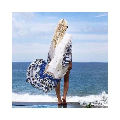 ITFABS Boho Women Kaftan Bathing Suit Newest Floral Print Swimwear Bikini Cover Up Beach Long Dress Shirt