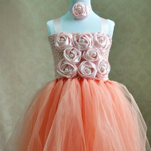 Lovely Girls Pink Pearl Rose Long Tutu Dresses Kids 100% Handmade Crochet Wedding Party Fluffy Tulle Tutus with Flower Headband