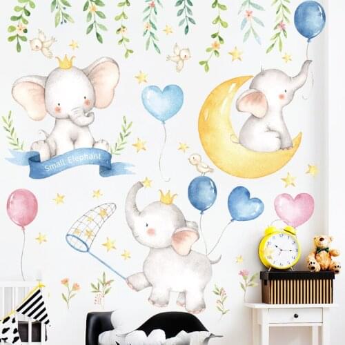Cartoon Small Elephants Balloon Moon Wall Stickers Paint Style for Living Room Kids Room Wall Decal Baby Nursery Wall Decor Gift