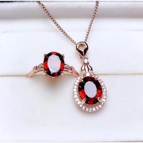 Natural red garnet gem Ring Pendant Natural Gemstone Jewelry Set 925 Silver Fashion round Women weddings gift fine jewelry