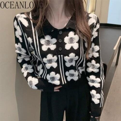 OCEANLOVE Floral 2021 Women Sweaters Print Korean Sweet Short Jacquard Pullovers All Match Fashion Pull Femme Autumn Winter