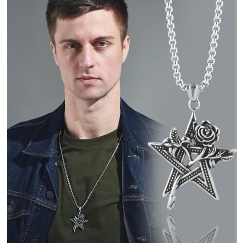 American Style black rose pentagram star gothic rock metal punk necklace wholesale pendant mens hip hop jewelry New gothic