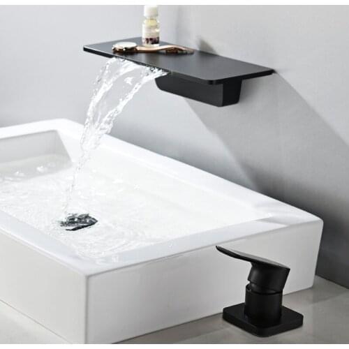 Luxury Wall mounted Waterfall bathroom sink faucet solid brass basin mixer faucet black high quality faucet with Embedded box